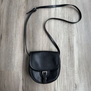 Y2K Vintage Black Faux Leather Cross Body Purse Silver Buckle Saddle Bag Flap